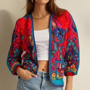 Vintage Jeanne Marc Colorful Loud Quilted Jacket - Red